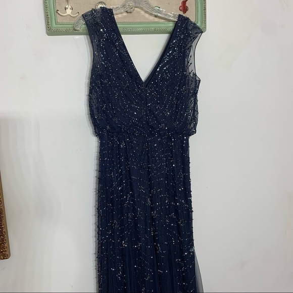 Aidan Mattox Sequin v-neck & back mermaid navy full length evening dress 8 women - Picture 8 of 10